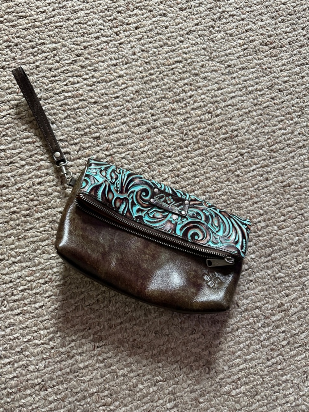 Patricia Nash Brown Leather Wristlet with Turquoise Tooled Flap